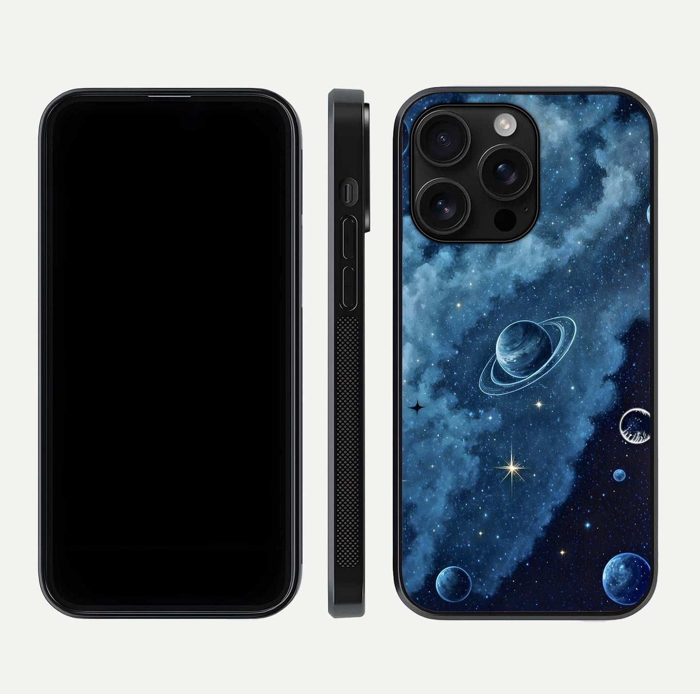 Galaxy Dream Space Glass Case for iPhone 16 Pro Max front and back view layout showing deep-space tones and curved edges