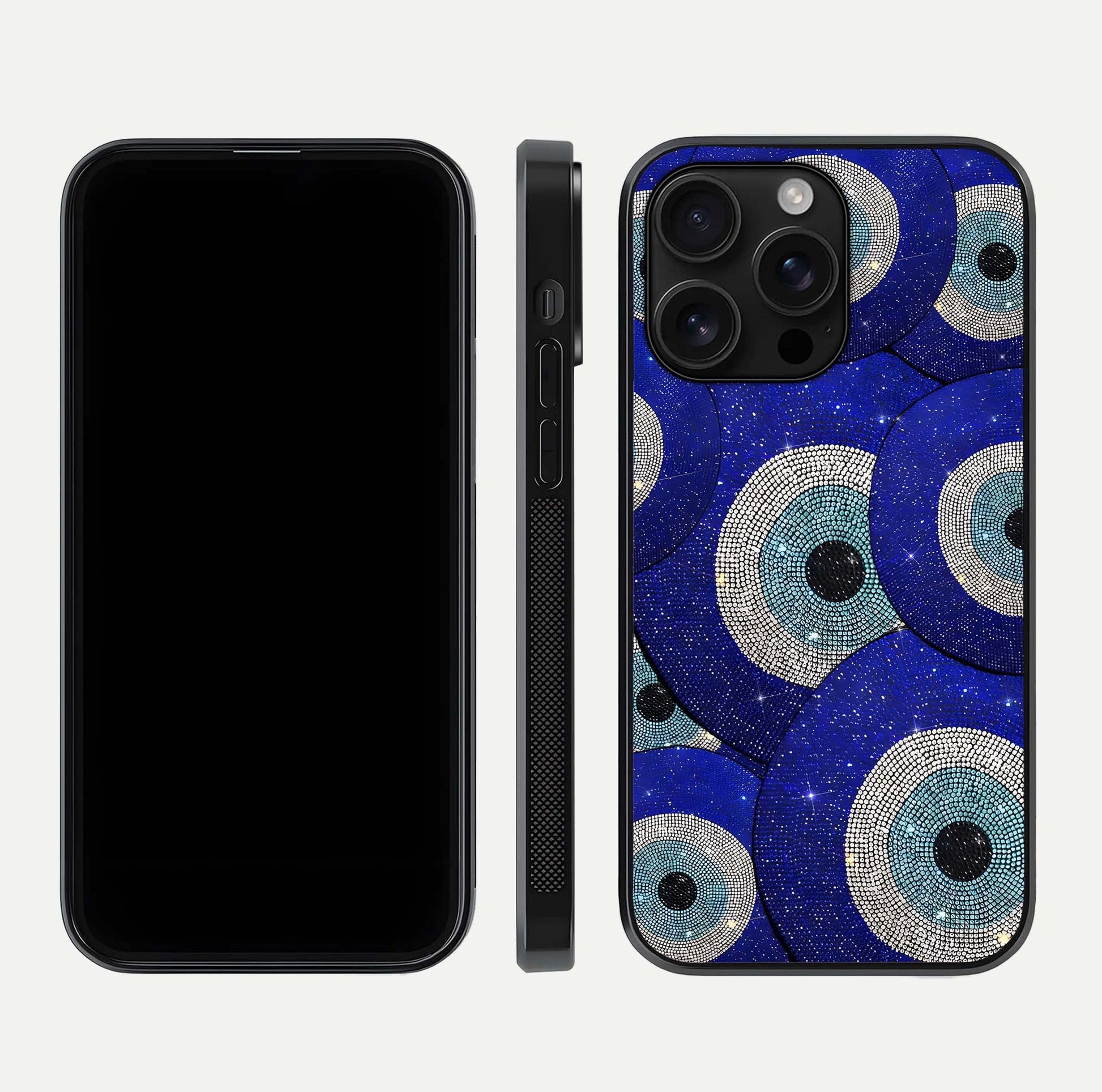 Galaxy Eye Flow Glass Case for iPhone 16 Pro Max front and back view layout displaying cosmic art and curved glass borders