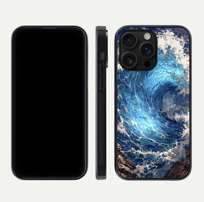 Giant Ocean Wave Glass Case for iPhone 16 Pro Max front and back view layout displaying sea tones and smooth curved edges