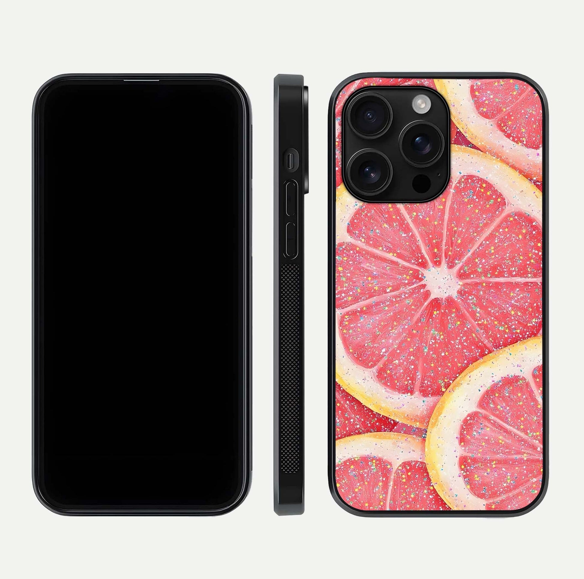 Glitter Grapefruit Glass Case for iPhone 16 Pro Max front and back view layout highlighting citrus hues and smooth glass