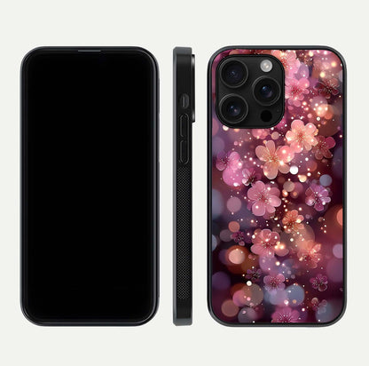 Glowing Petal Bliss Glass Case for iPhone 16 Pro Max front and back view layout displaying artistic floral design and curved glass