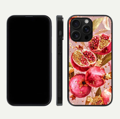 Golden Bloom Glow Glass Case for iPhone 16 Pro Max front and back view layout highlighting luxury floral pattern and curved edges