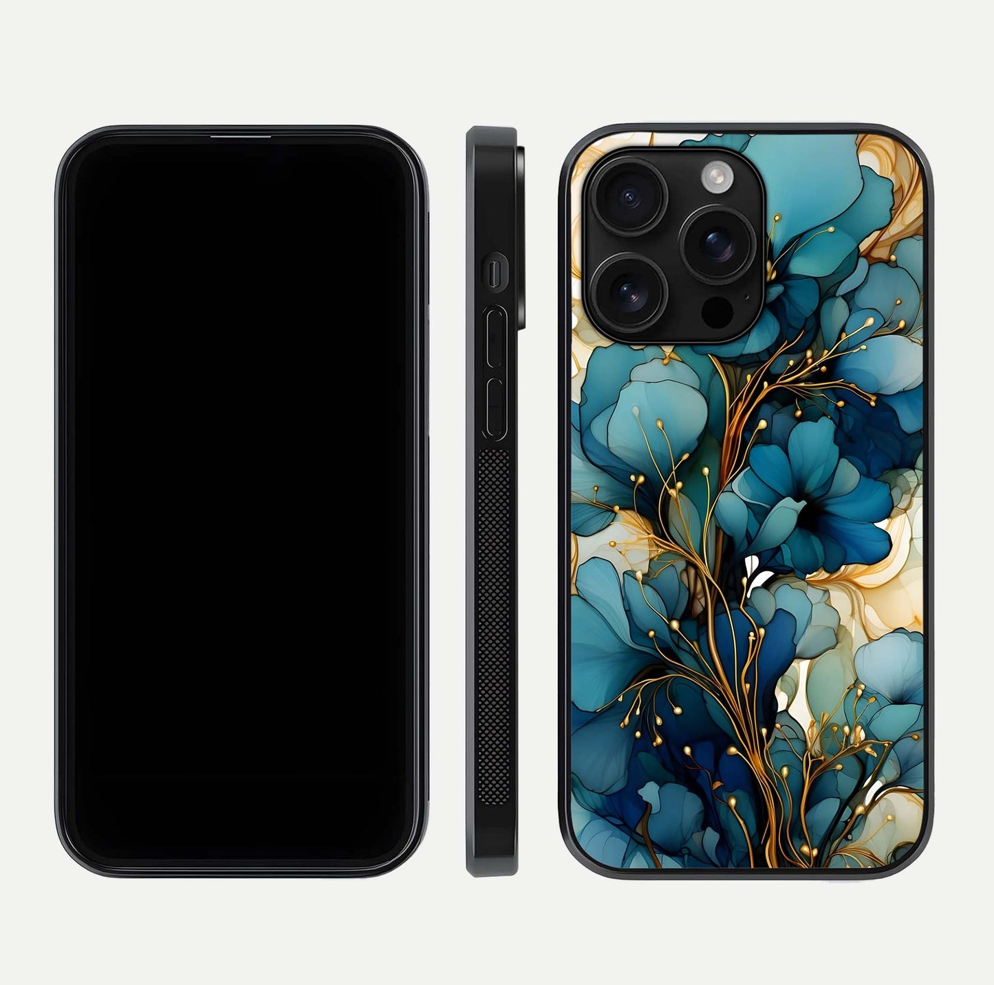 Golden Bloom Symphony Glass Case for iPhone 16 Pro Max front and back view layout highlighting rich floral tones and curved glass edges