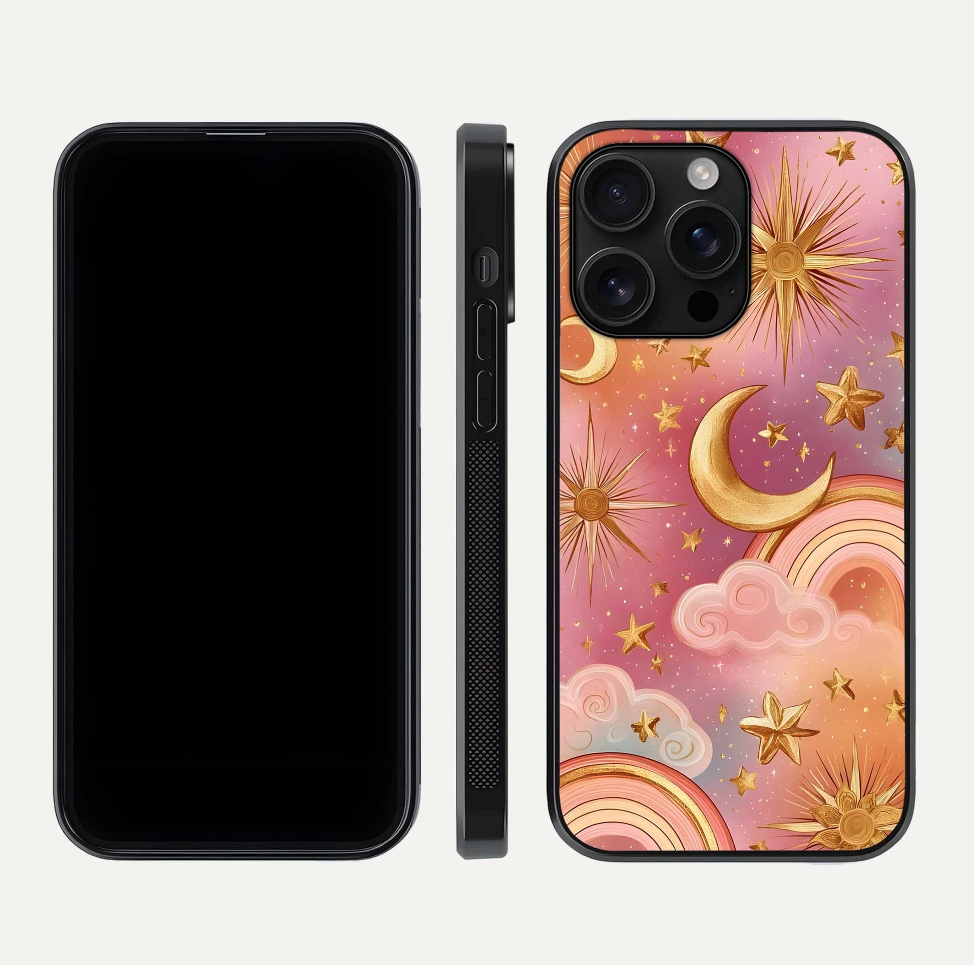 Golden Celestial Dreams Glass Case for iPhone 16 Pro Max front and back view layout highlighting celestial motifs and smooth curved edge