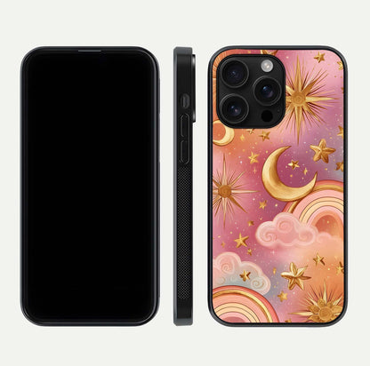 Golden Celestial Dreams Glass Case for iPhone 16 Pro Max front and back view layout highlighting celestial motifs and smooth curved edge