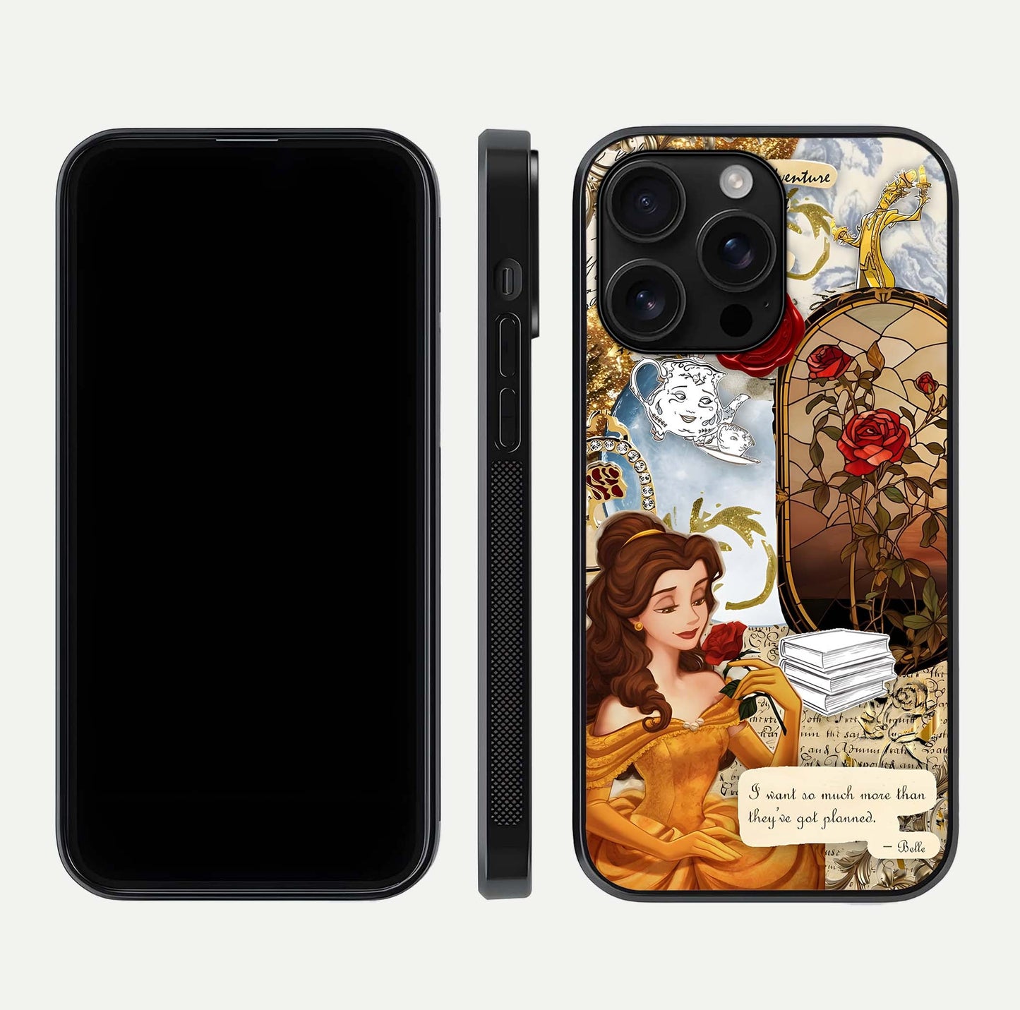 Golden Dream Belle Glass Case for iPhone 16 Pro Max front and back view layout displaying dreamy golden theme and smooth curvature