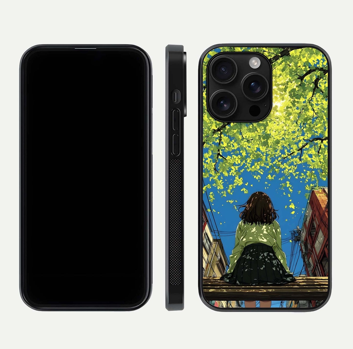 Golden Leaves Glow Glass Case for iPhone 16 Pro Max front and back view layout highlighting glowing tones and curved edges