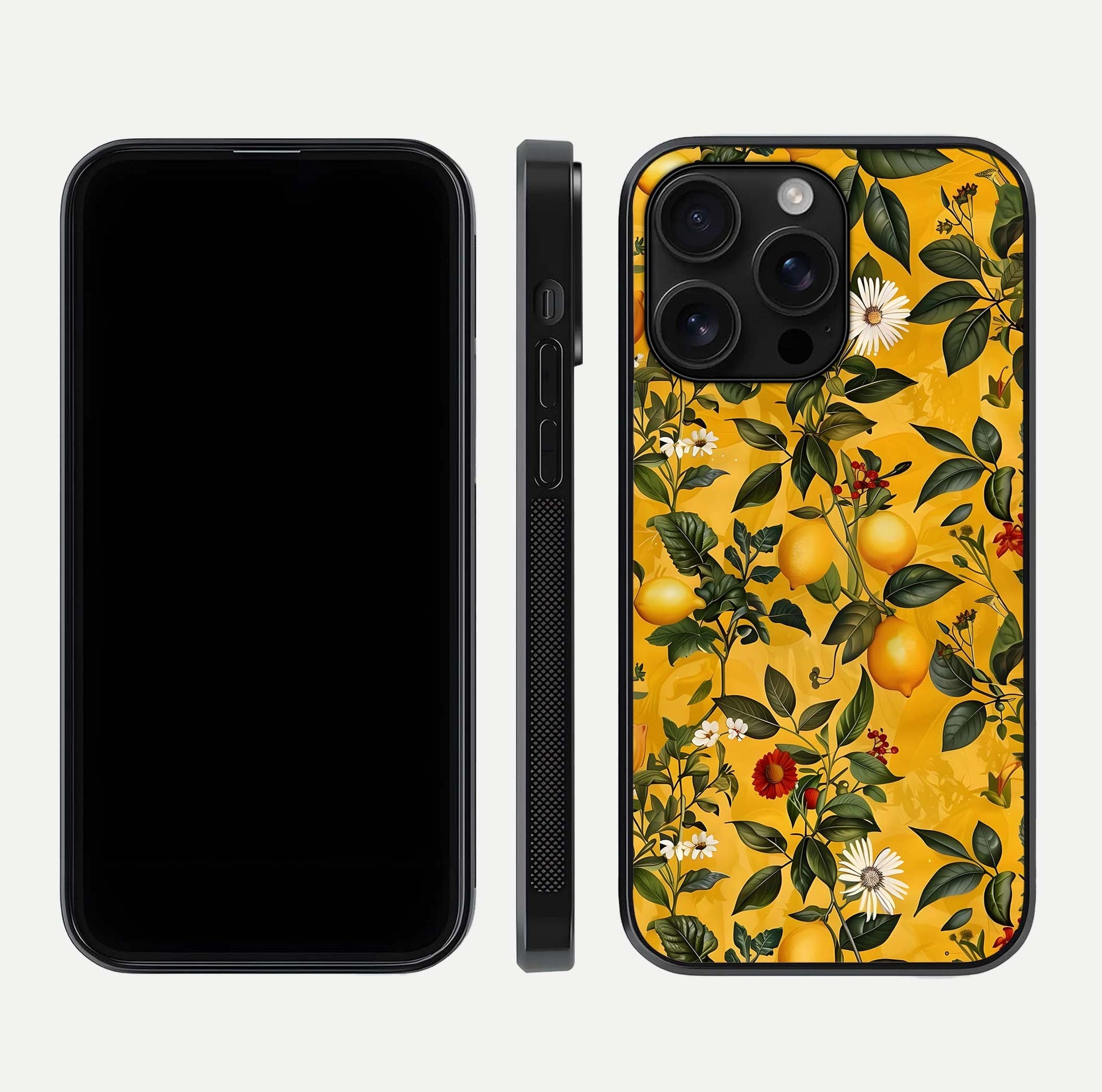 Golden Lemon Field Glass Case for iPhone 16 Pro Max front and back view layout highlighting fruity tones and curved glass edges