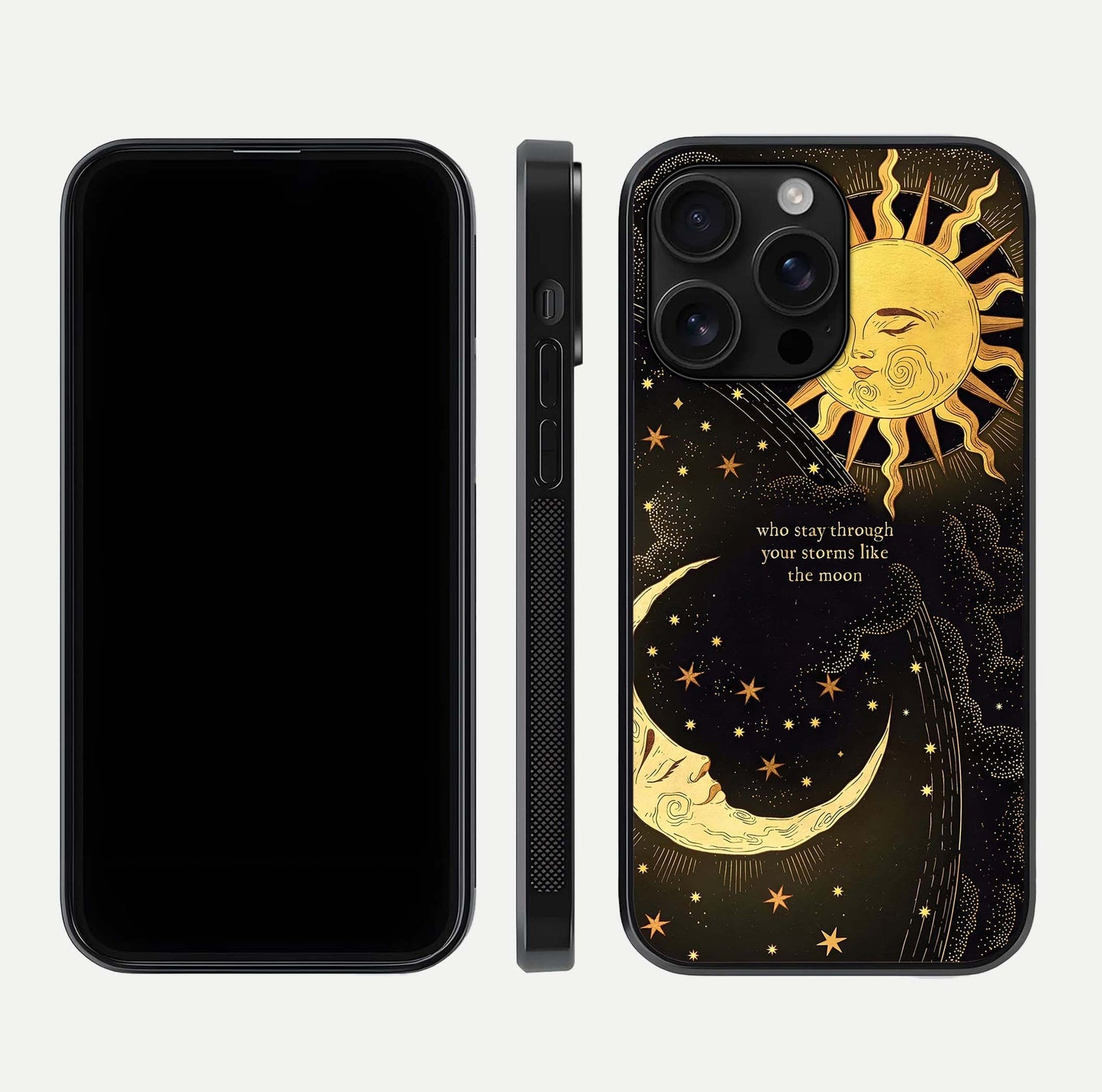 Golden Lunar Love Glass Case for iPhone 16 Pro Max front and back view layout highlighting celestial tones and curved edges