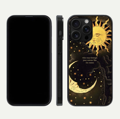 Golden Lunar Love Glass Case for iPhone 16 Pro Max front and back view layout highlighting celestial tones and curved edges
