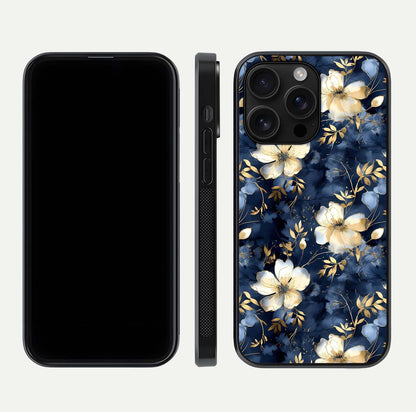 Golden Midnight Bloom Glass Case for iPhone 16 Pro Max front and back view layout highlighting dark-gold tones and smooth curves
