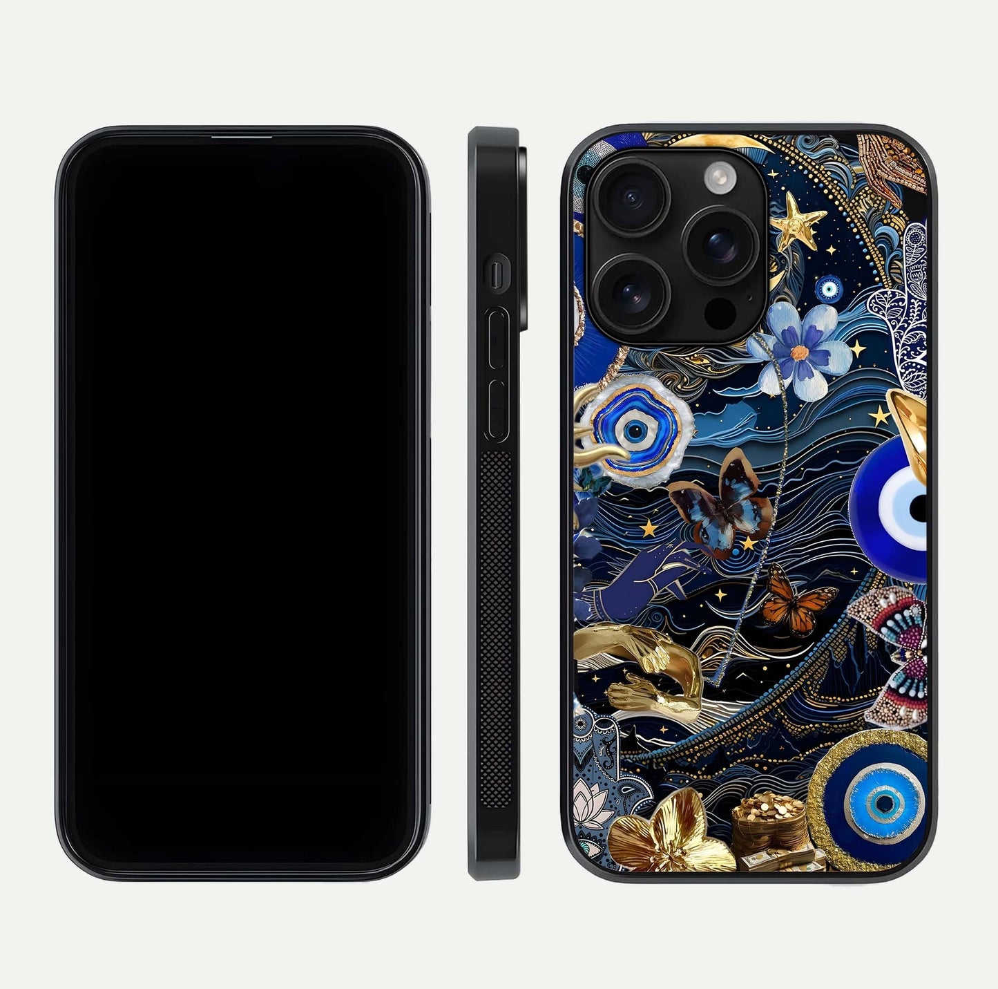 Golden Moon Magic Glass Case for iPhone 16 Pro Max front and back view layout highlighting celestial tones and curved glass