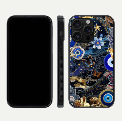 Golden Moon Magic Glass Case for iPhone 16 Pro Max front and back view layout highlighting celestial tones and curved glass