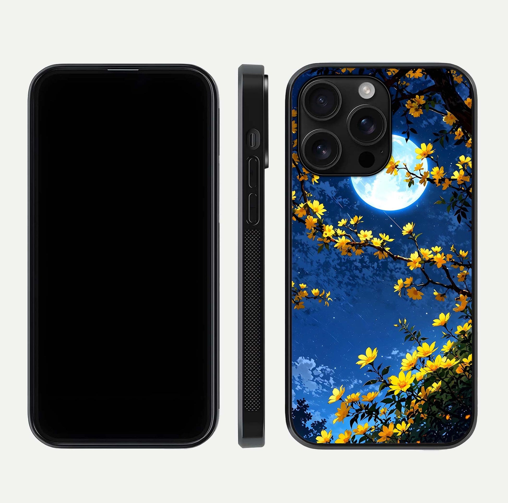 Golden Night Glow Glass Case for iPhone 16 Pro Max front and back view layout displaying metallic glow and curved glass edge