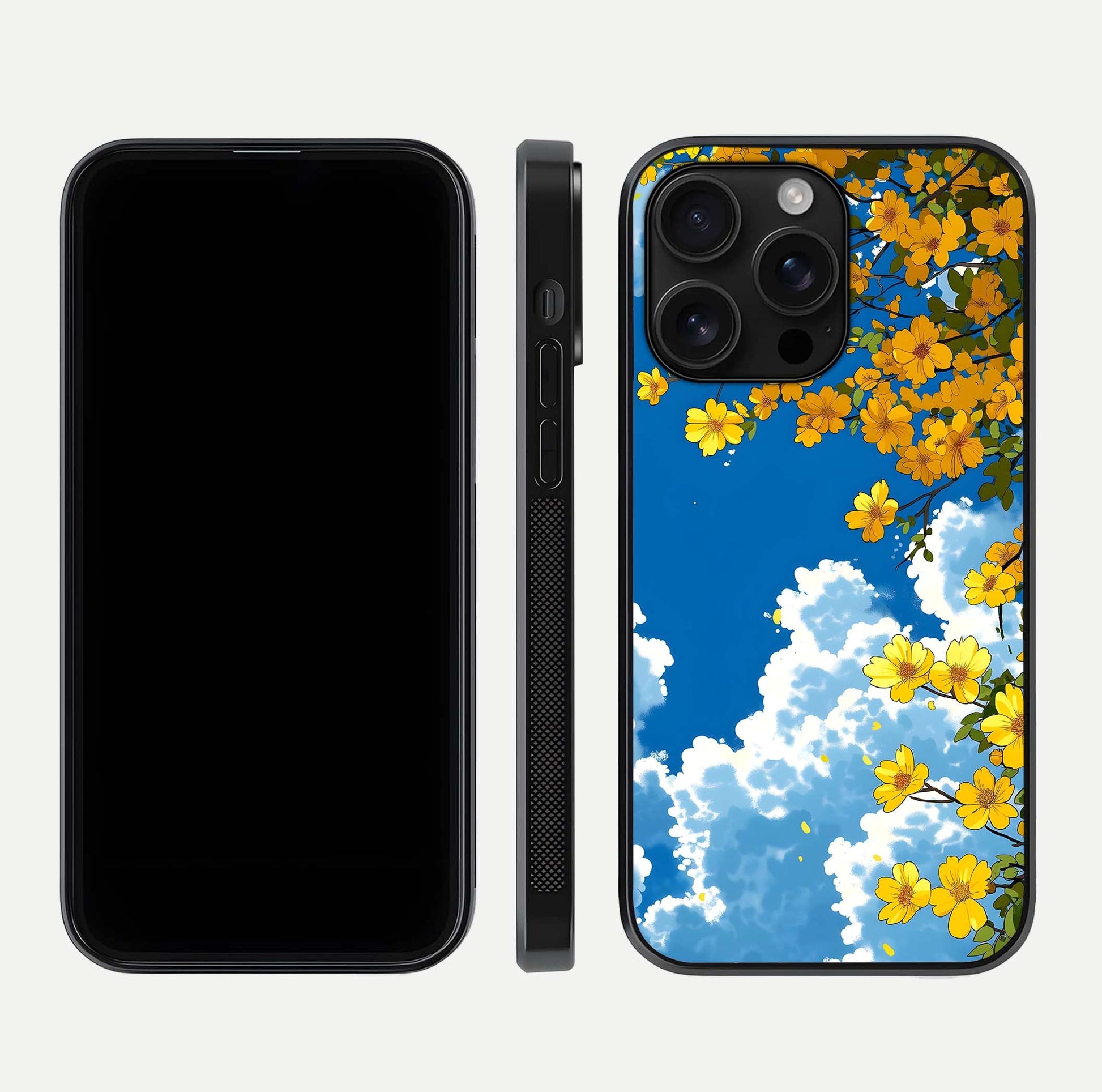 Golden Petal Sky Glass Case for iPhone 16 Pro Max front and back view layout highlighting floral pattern and curved glass edges