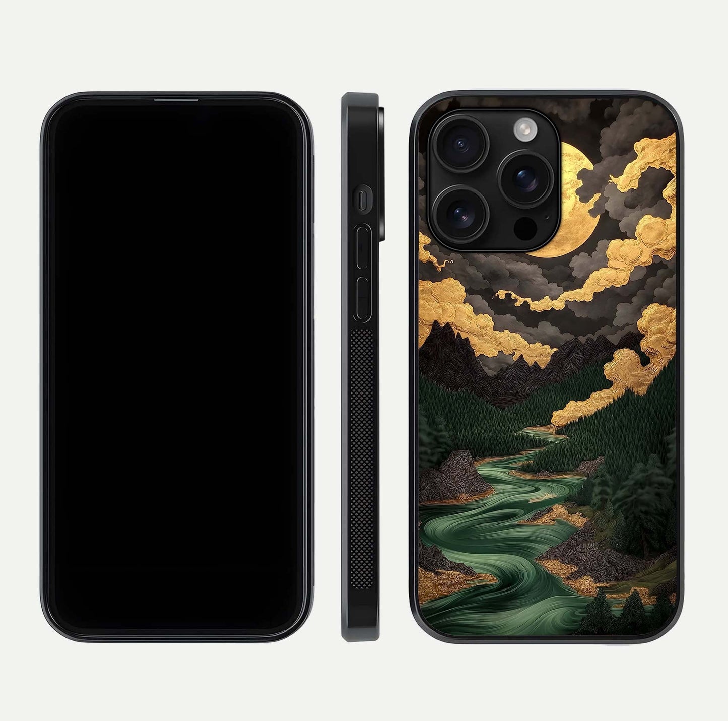 Golden River Moon Glass Case for iPhone 16 Pro Max front and back view layout displaying celestial glow and smooth curves