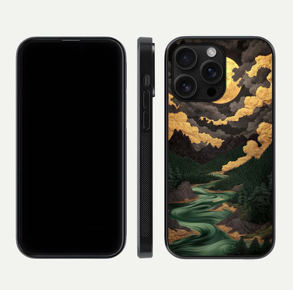 Golden River Moon Glass Case for iPhone 16 Pro Max front and back view layout displaying celestial glow and smooth curves