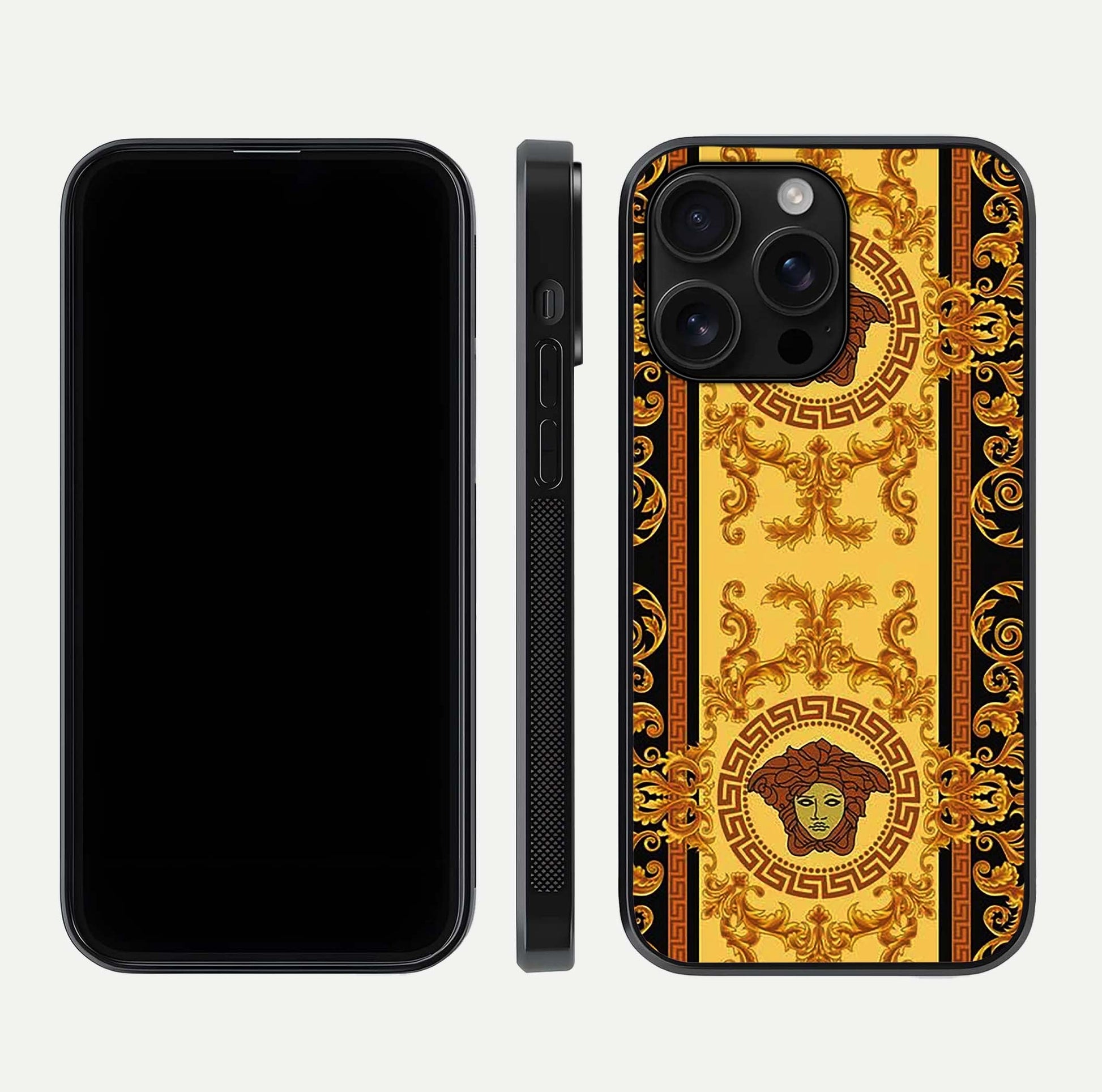 Golden Royal Heritage Glass Case for iPhone 16 Pro Max front and back view layout displaying ornate gold texture and curved edges