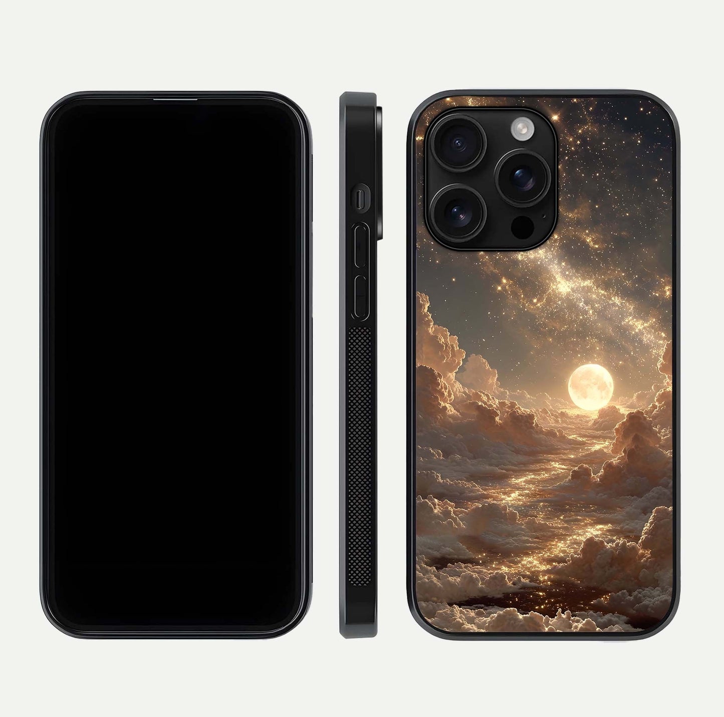 Golden Sky Dream Glass Case for iPhone 16 Pro Max front and back view layout highlighting celestial gold hues and curved glass