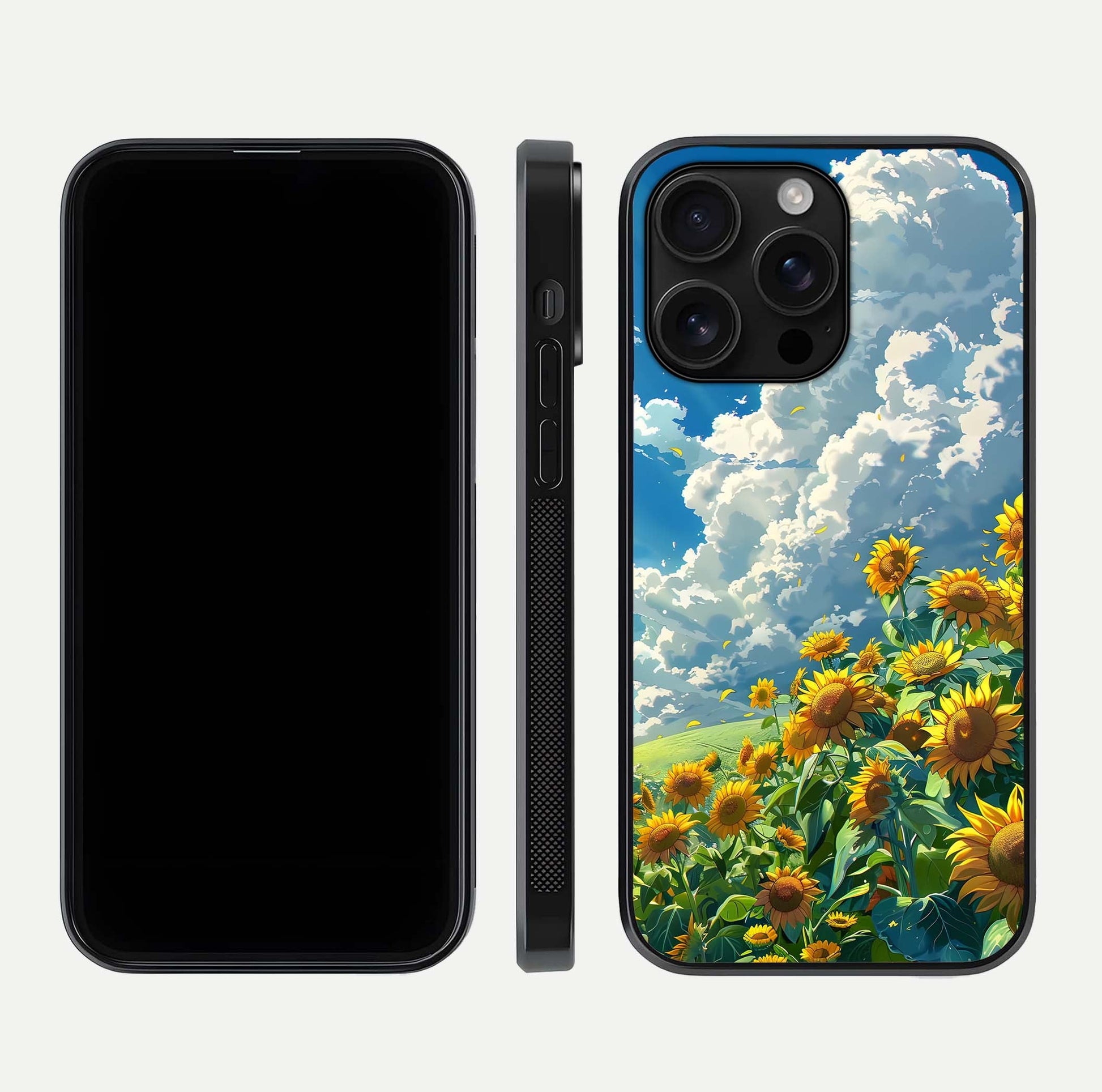 Golden Sun Glory Glass Case for iPhone 16 Pro Max front and back view layout displaying bright golden tones and curved edges