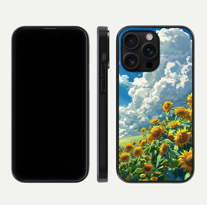 Golden Sun Glory Glass Case for iPhone 16 Pro Max front and back view layout displaying bright golden tones and curved edges