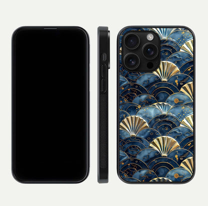 Golden Wave Luxe Glass Case for iPhone 16 Pro Max front and back view layout highlighting fluid gold design and curved glass