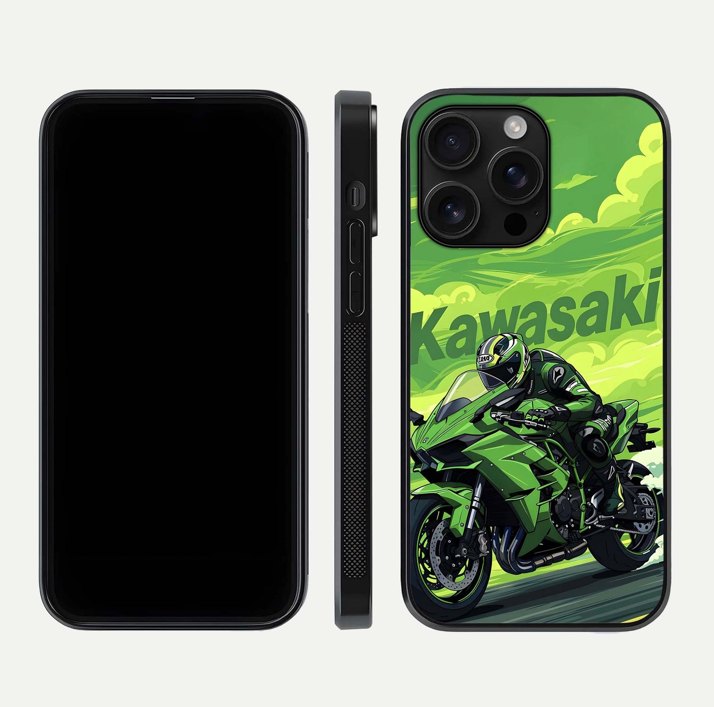 Green Kawasaki Glass Case for iPhone 16 Pro Max front and back view layout highlighting vivid green tones and curved glass edges