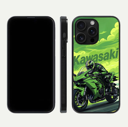 Green Kawasaki Glass Case for iPhone 16 Pro Max front and back view layout highlighting vivid green tones and curved glass edges