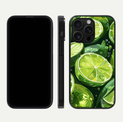 Green Lemon Glass Case for iPhone 16 Pro Max front and back view layout displaying vibrant yellow-green hues and smooth edges