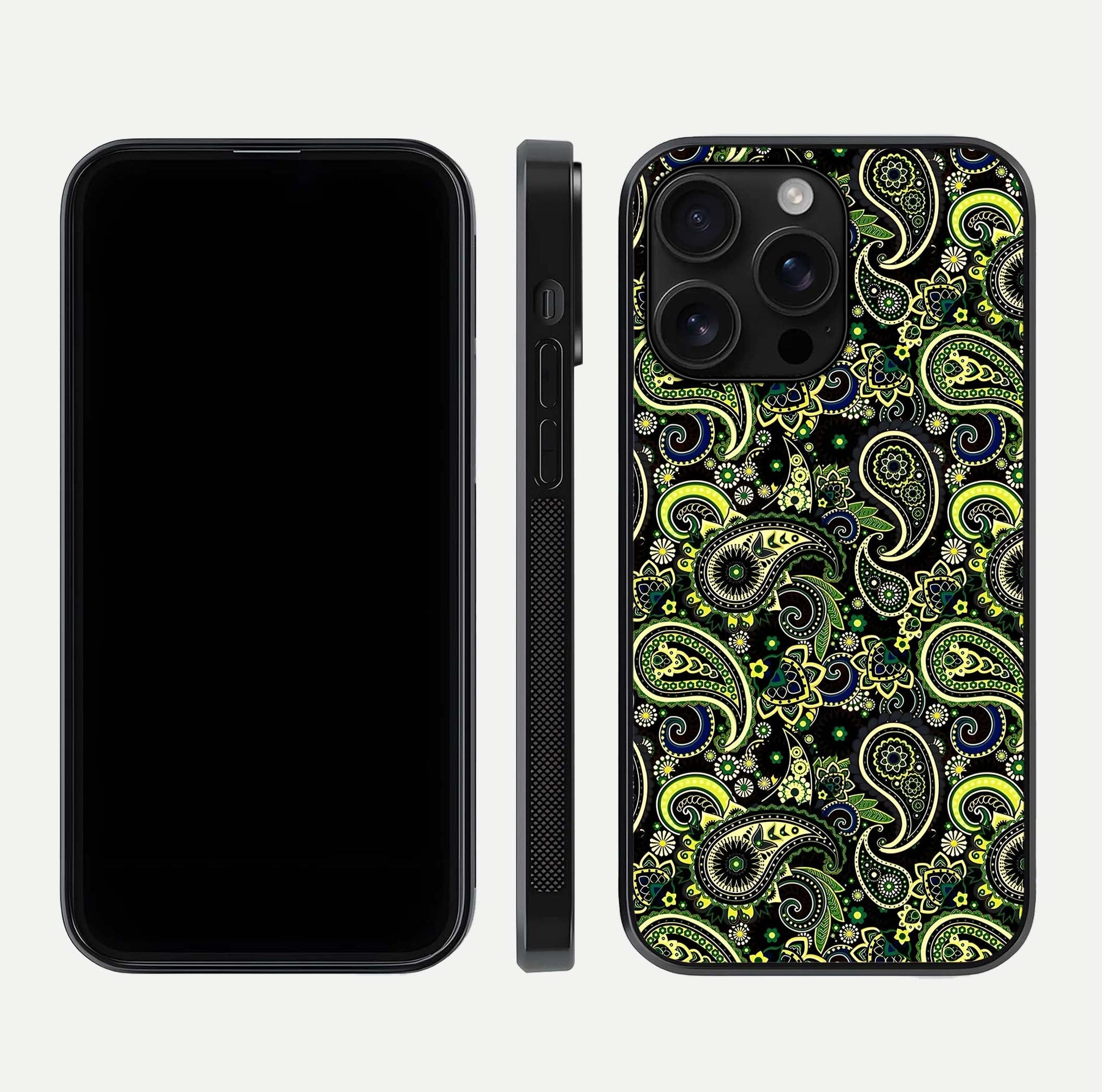 Green Mandala Pattern Glass Case for iPhone 16 Pro Max front and back view layout highlighting geometric art and curved glass