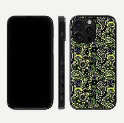 Green Mandala Pattern Glass Case for iPhone 16 Pro Max front and back view layout highlighting geometric art and curved glass