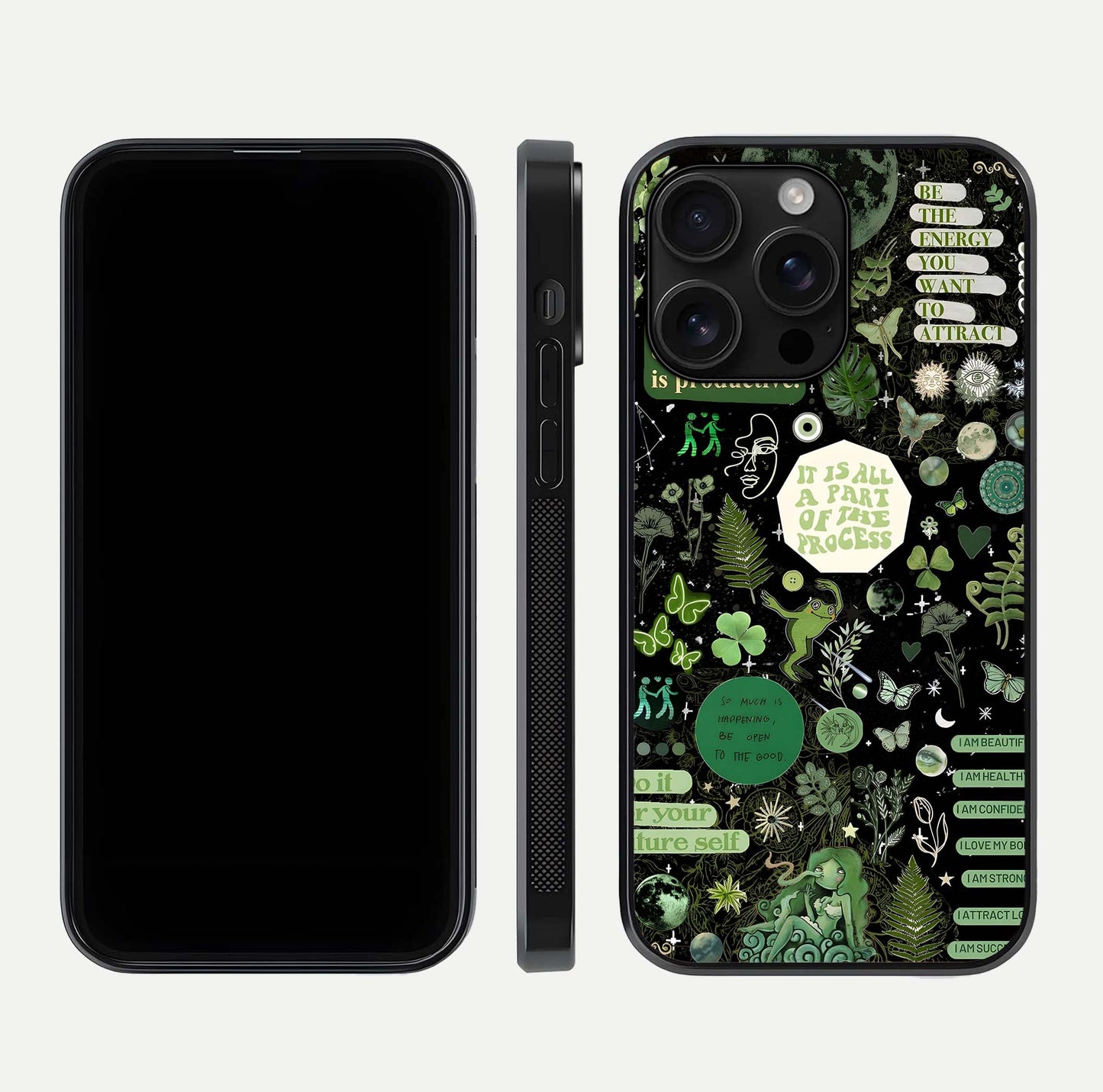Green Moon Energy Glass Case for iPhone 16 Pro Max front and back view layout highlighting cosmic tones and smooth edges