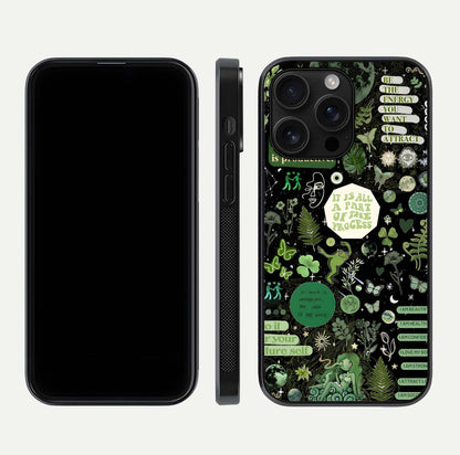 Green Moon Energy Glass Case for iPhone 16 Pro Max front and back view layout highlighting cosmic tones and smooth edges