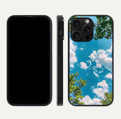 Greenery Sky Glass Case for iPhone 16 Pro Max front and back view layout displaying scenic green-blue gradient and curved edges