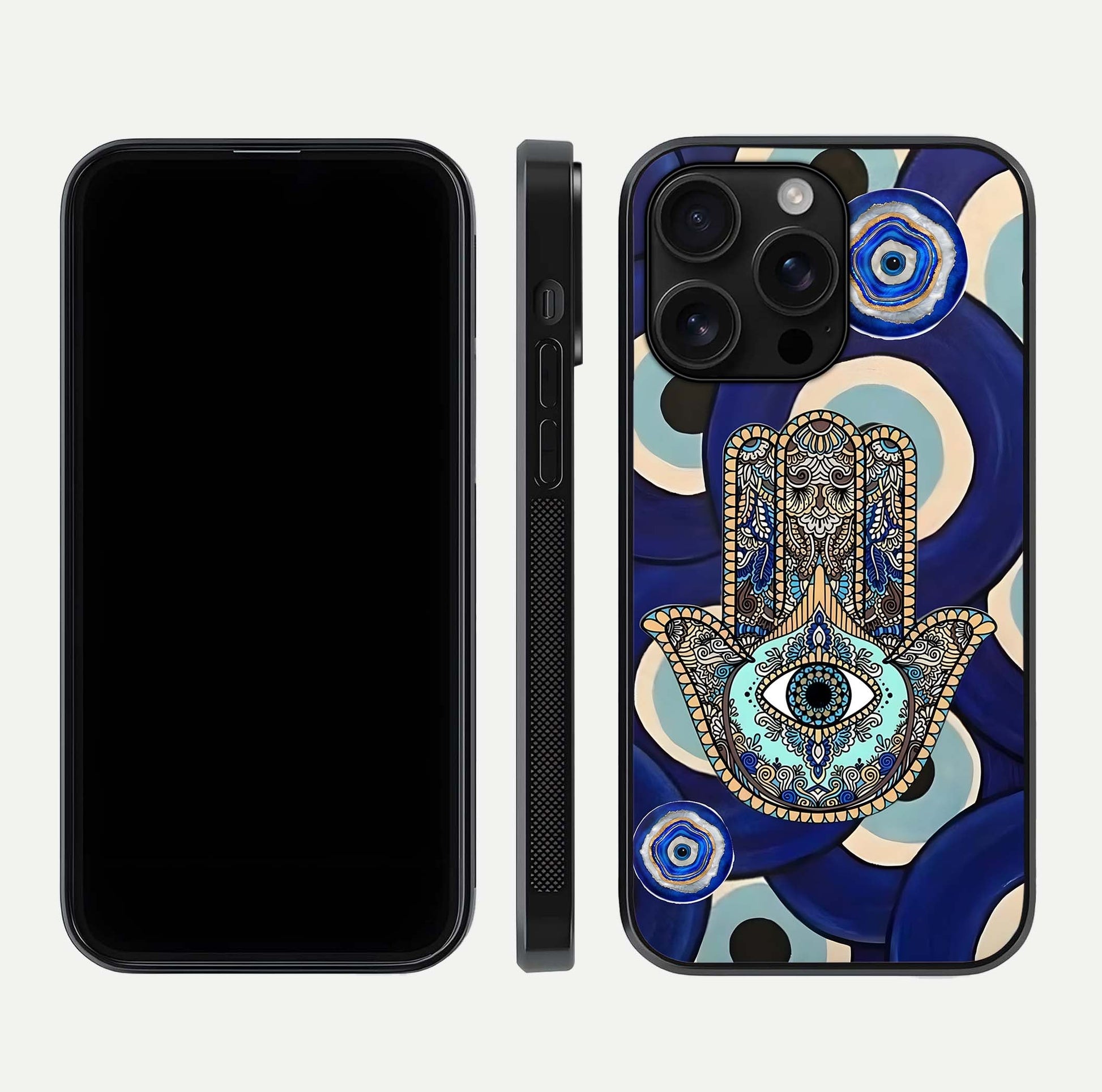 Hamsa Divine Guard Glass Case for iPhone 16 Pro Max front and back view layout highlighting spiritual artwork and smooth edges