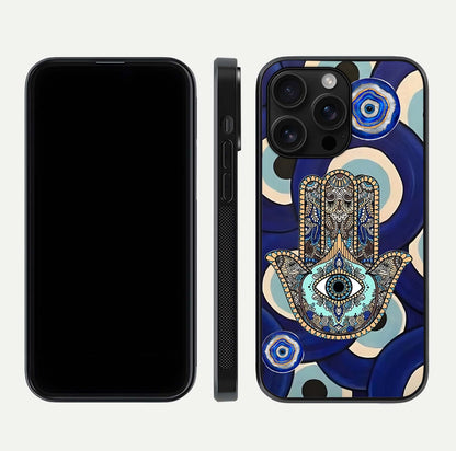 Hamsa Divine Guard Glass Case for iPhone 16 Pro Max front and back view layout highlighting spiritual artwork and smooth edges