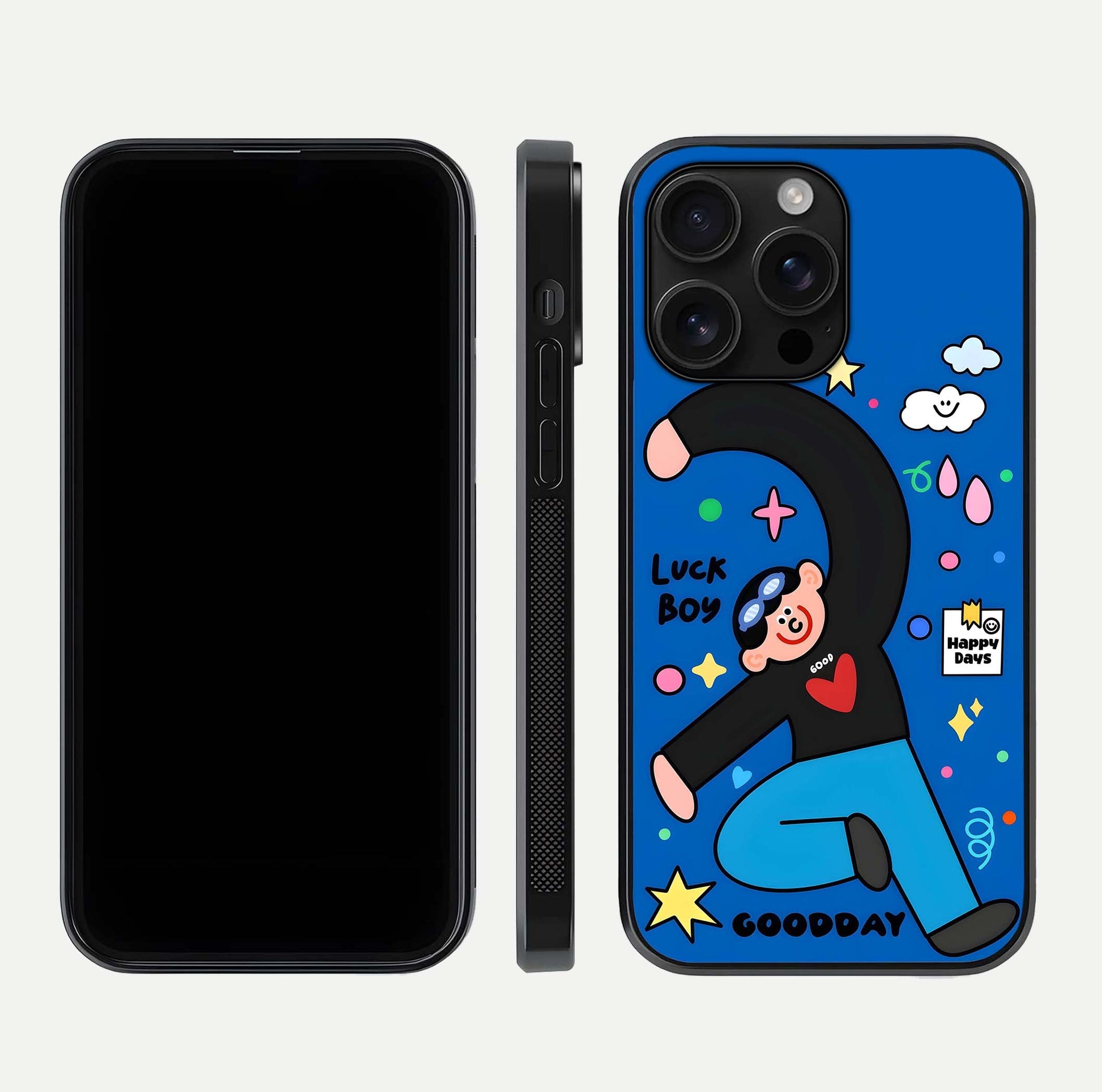 Happy Luck Vibe Glass Case for iPhone 16 Pro Max front and back view layout highlighting positive motif and curved edges