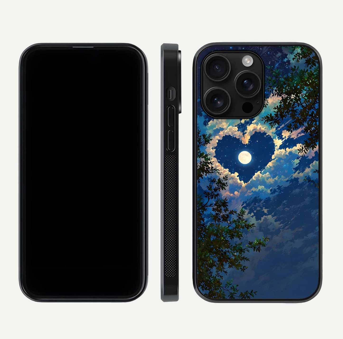 Heart with Moon Sky Glass Case for iPhone 16 Pro Max front and back view layout displaying celestial tones and curved glass