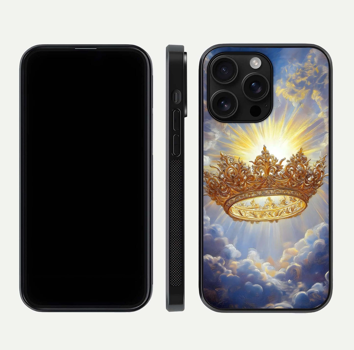 Heavenly Crown Light Glass Case for iPhone 16 Pro Max front and back view layout highlighting golden aura tones and curved glass edges