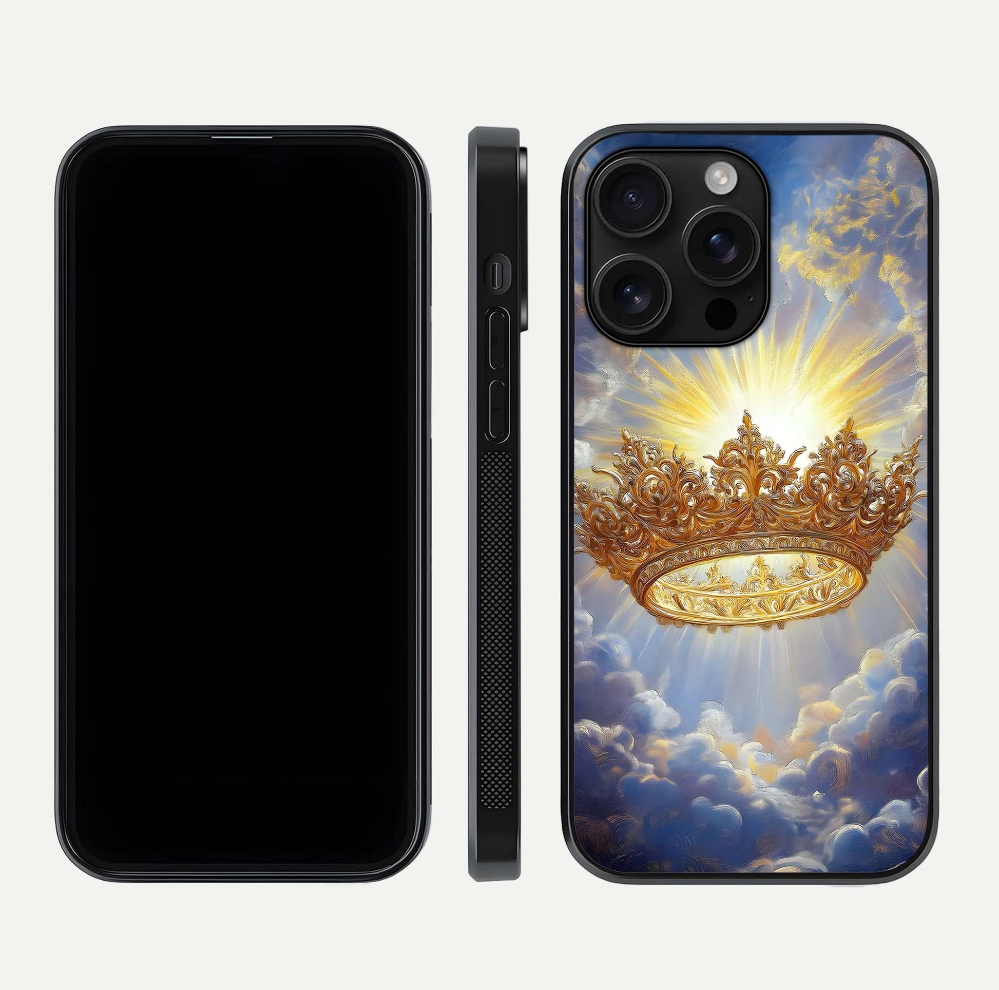 Heavenly Crown Light Glass Case for iPhone 16 Pro Max front and back view layout highlighting golden aura tones and curved glass edges