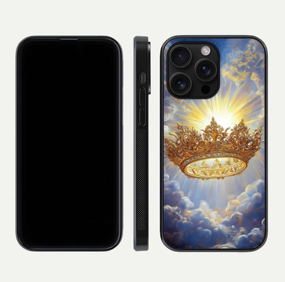 Heavenly Crown Light Glass Case for iPhone 16 Pro Max front and back view layout highlighting golden aura tones and curved glass edges