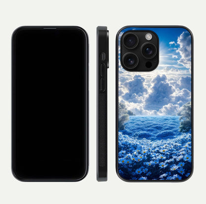 Heavenly Daisy Horizon Glass Case for iPhone 16 Pro Max front and back view layout highlighting floral field tones and curved edges