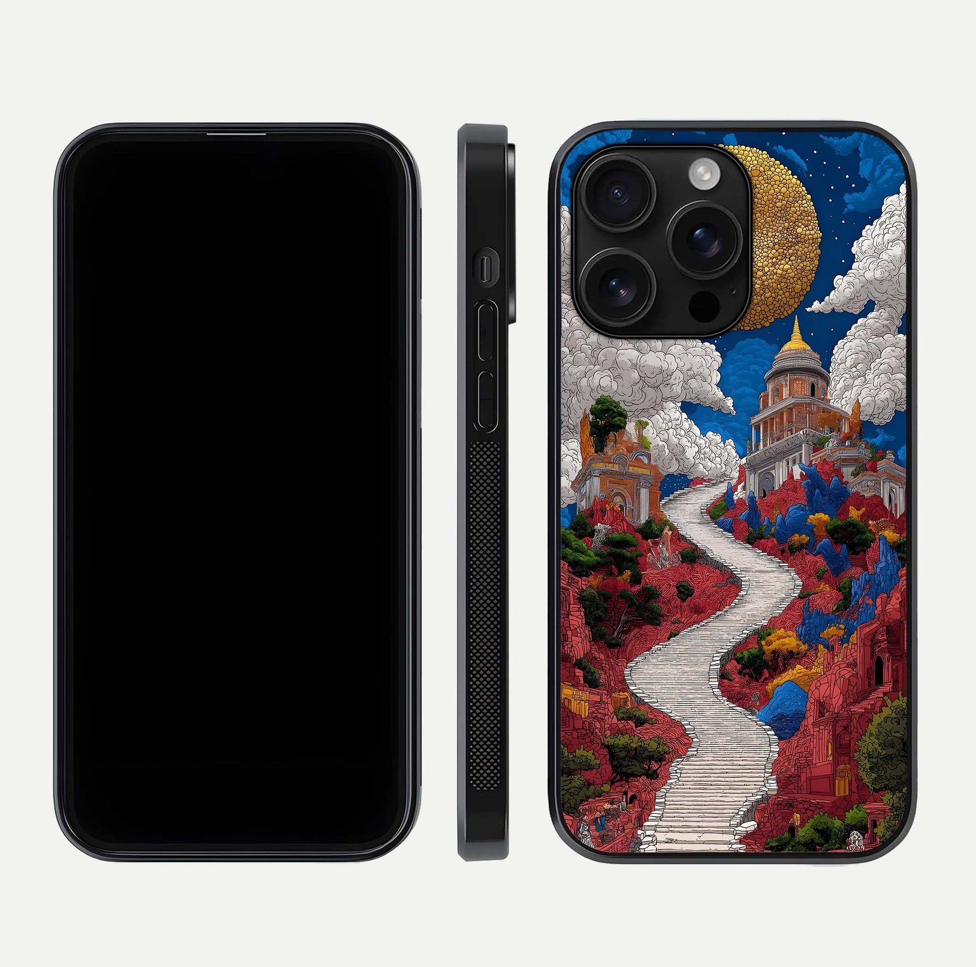 Heavenly Moon Path Glass Case for iPhone 16 Pro Max front and back view layout displaying night sky tones and curved glass edges