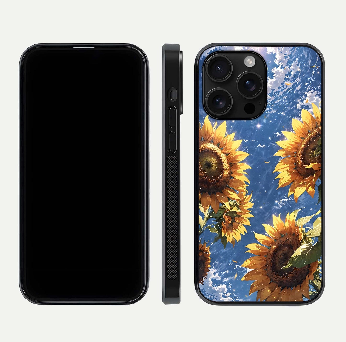Heavenly Sunflower Rise Glass Case for iPhone 16 Pro Max front and back view layout highlighting golden floral tones and curved edges