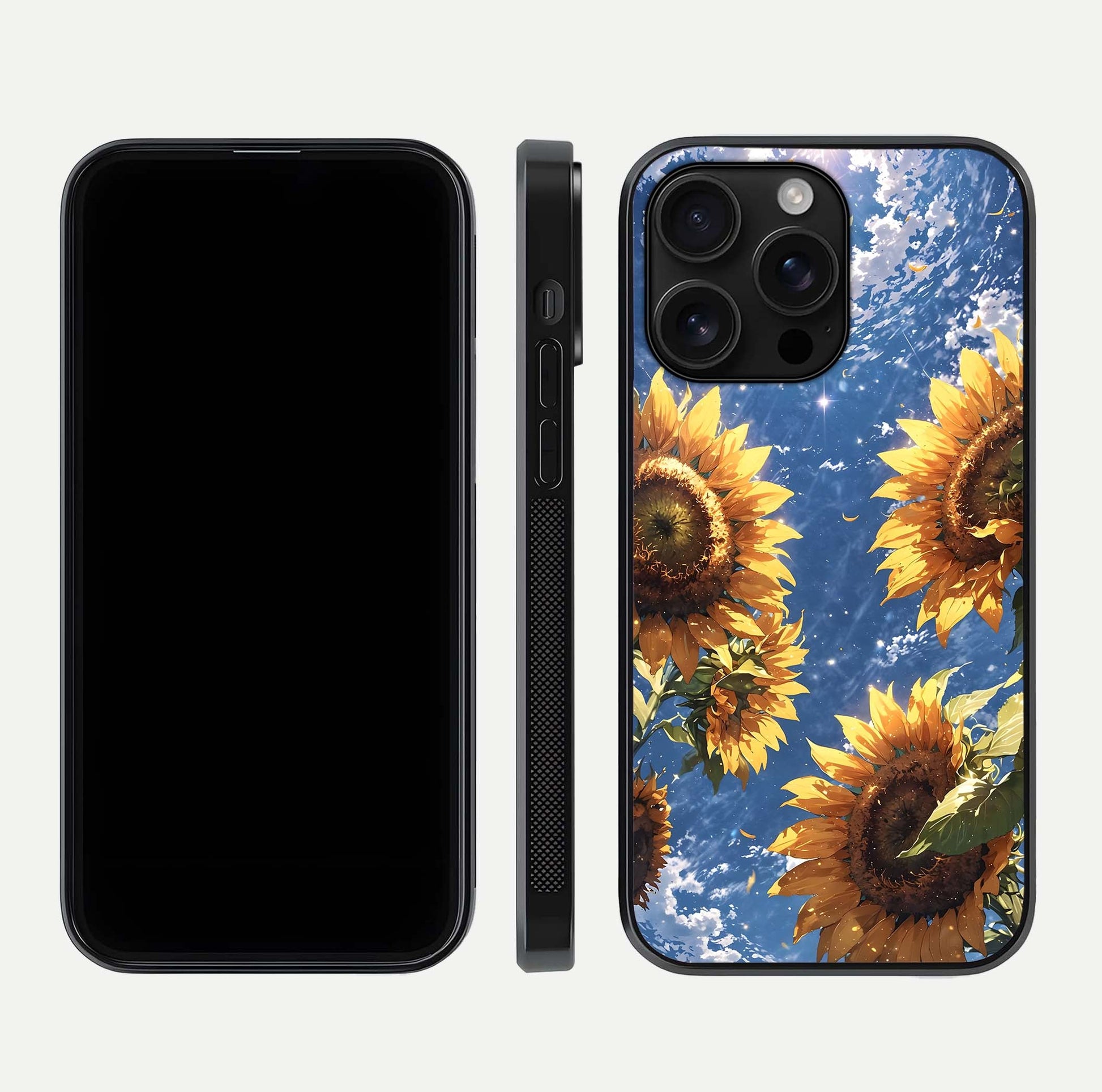 Heavenly Sunflower Rise Glass Case for iPhone 16 Pro Max front and back view layout highlighting golden floral tones and curved edges