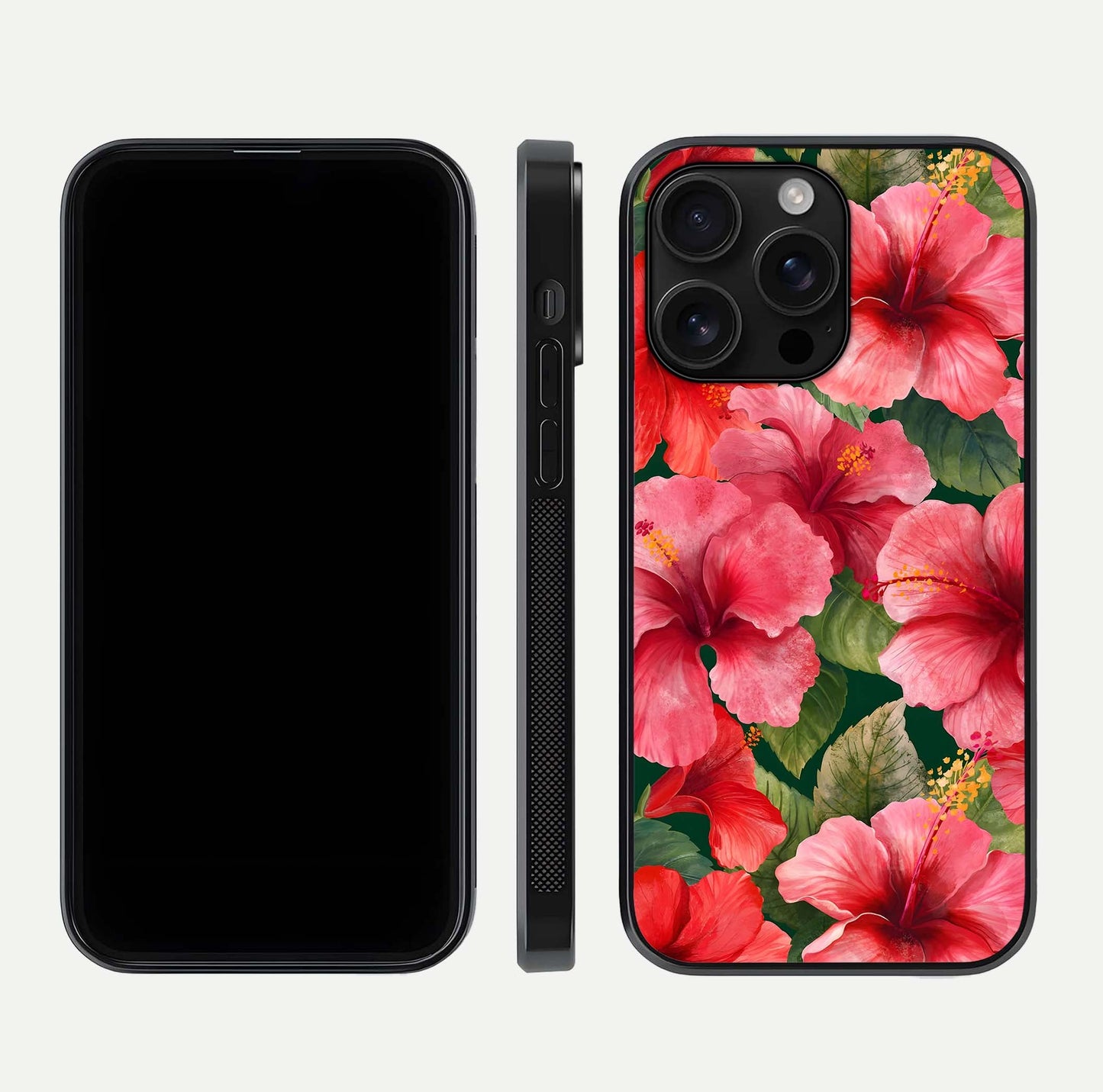 Hibiscus Pattern Glass Case for iPhone 16 Pro Max front and back view layout highlighting tropical design and curved glass edges