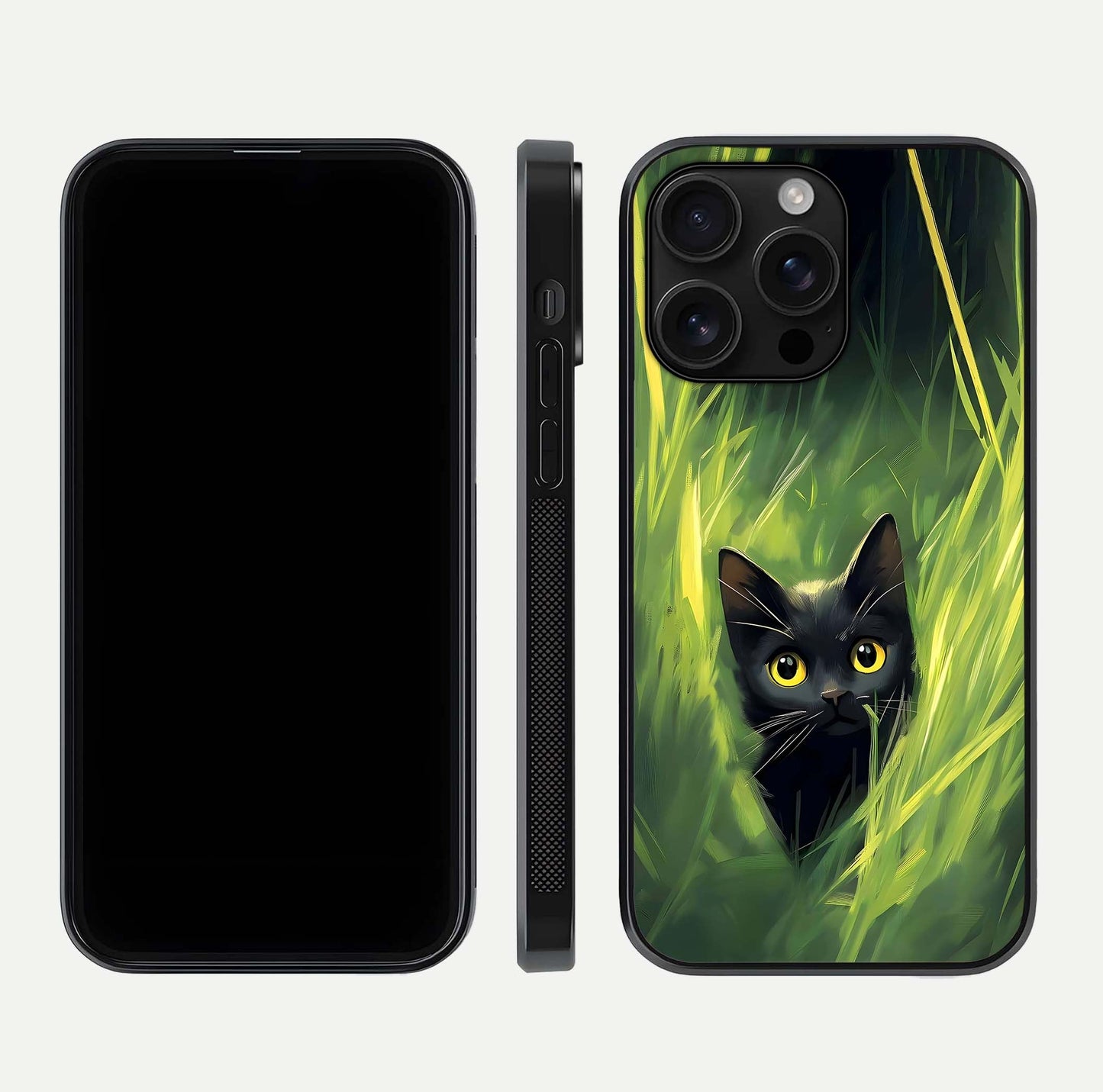 Hidden Cat Whisper Glass Case for iPhone 16 Pro Max front and back view layout highlighting minimalist art and curved edges