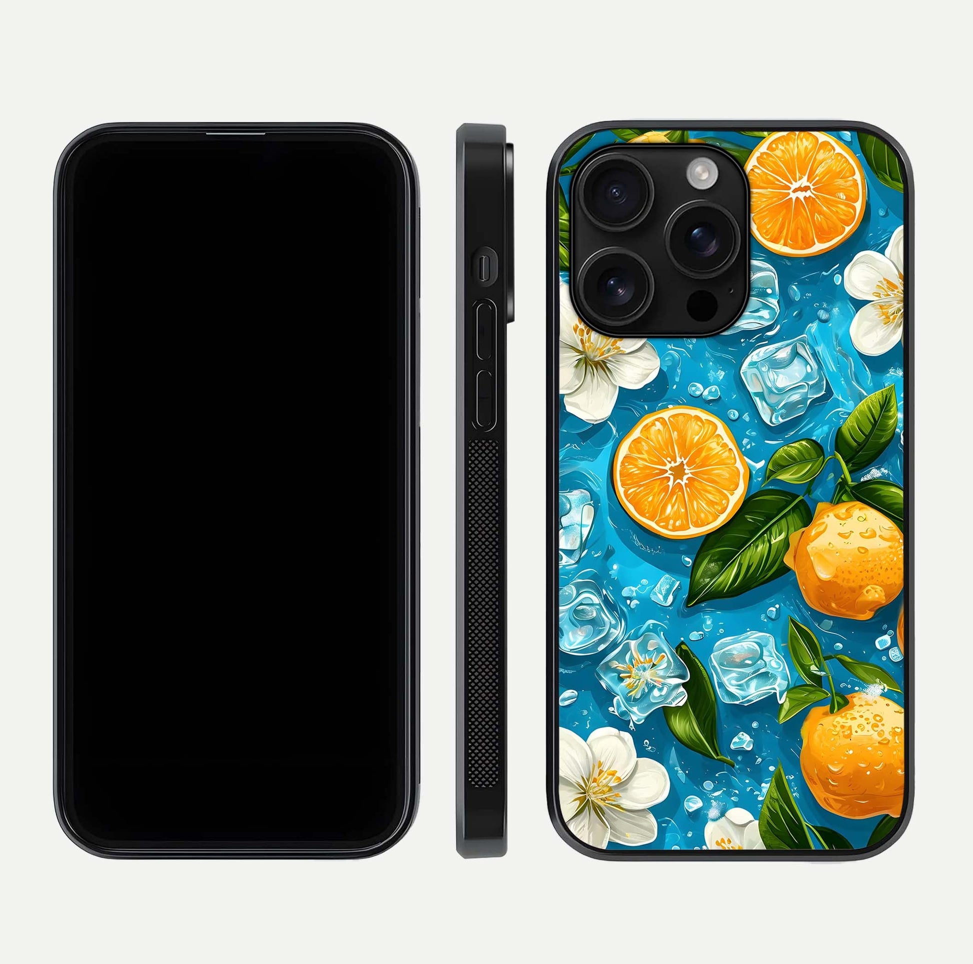 Ice Cube With Orange Glass Case for iPhone 16 Pro Max front and back view layout highlighting fresh orange tones and curved edges