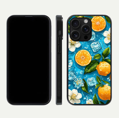 Ice Cube With Orange Glass Case for iPhone 16 Pro Max front and back view layout highlighting fresh orange tones and curved edges