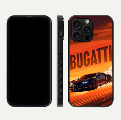 Inferno Bugatti Storm Glass Case for iPhone 16 Pro Max front and back view layout highlighting car silhouette and curved glass edge